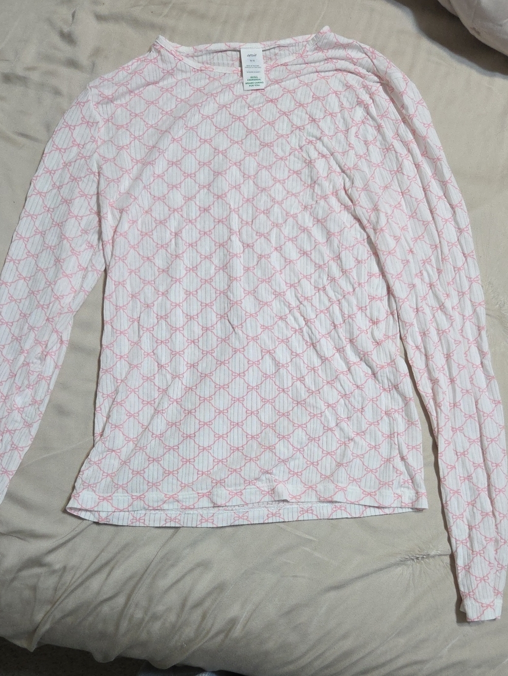 aerie White Long-Sleeve Ribbed Top with Pink Pattern
